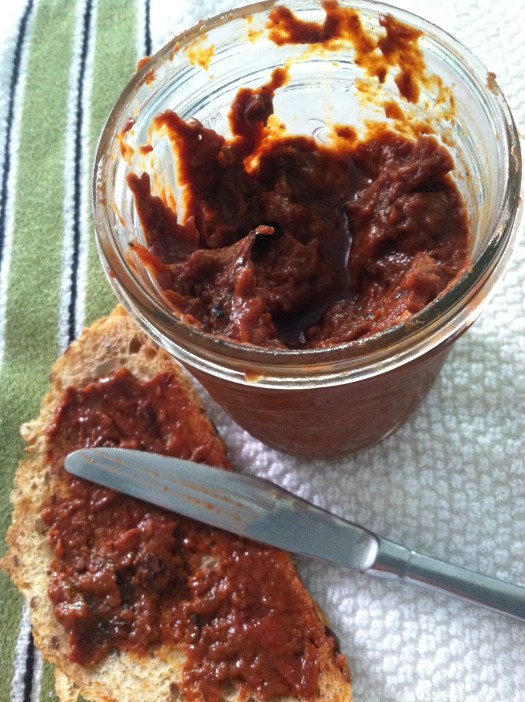 Tomato jam on a slice of bread