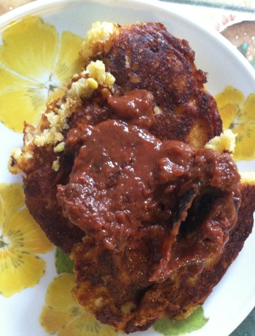 Tomato jam on corn fritters