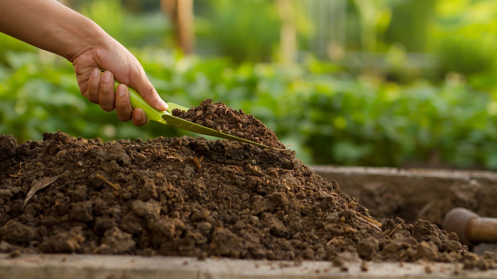 A person holding a small shovel to mix the soil, prepping a garden bed.