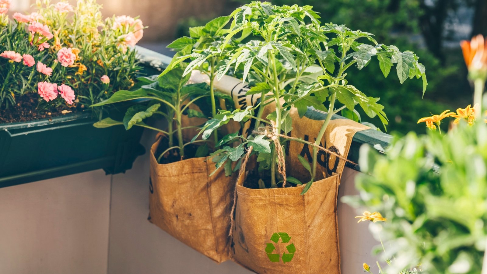 Close-up of hanging plastic pots with blooming soft pink carnations, alongside two reusable fabric pots containing growing tomato seedlings.