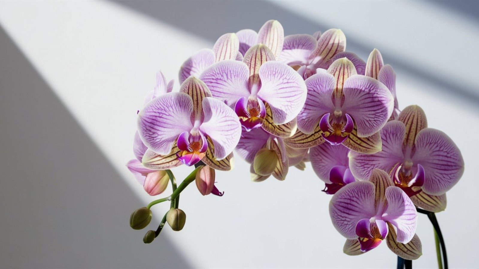 Soft pink and white petals with light purple stripes, curving gracefully into a waterfall-like arrangement.