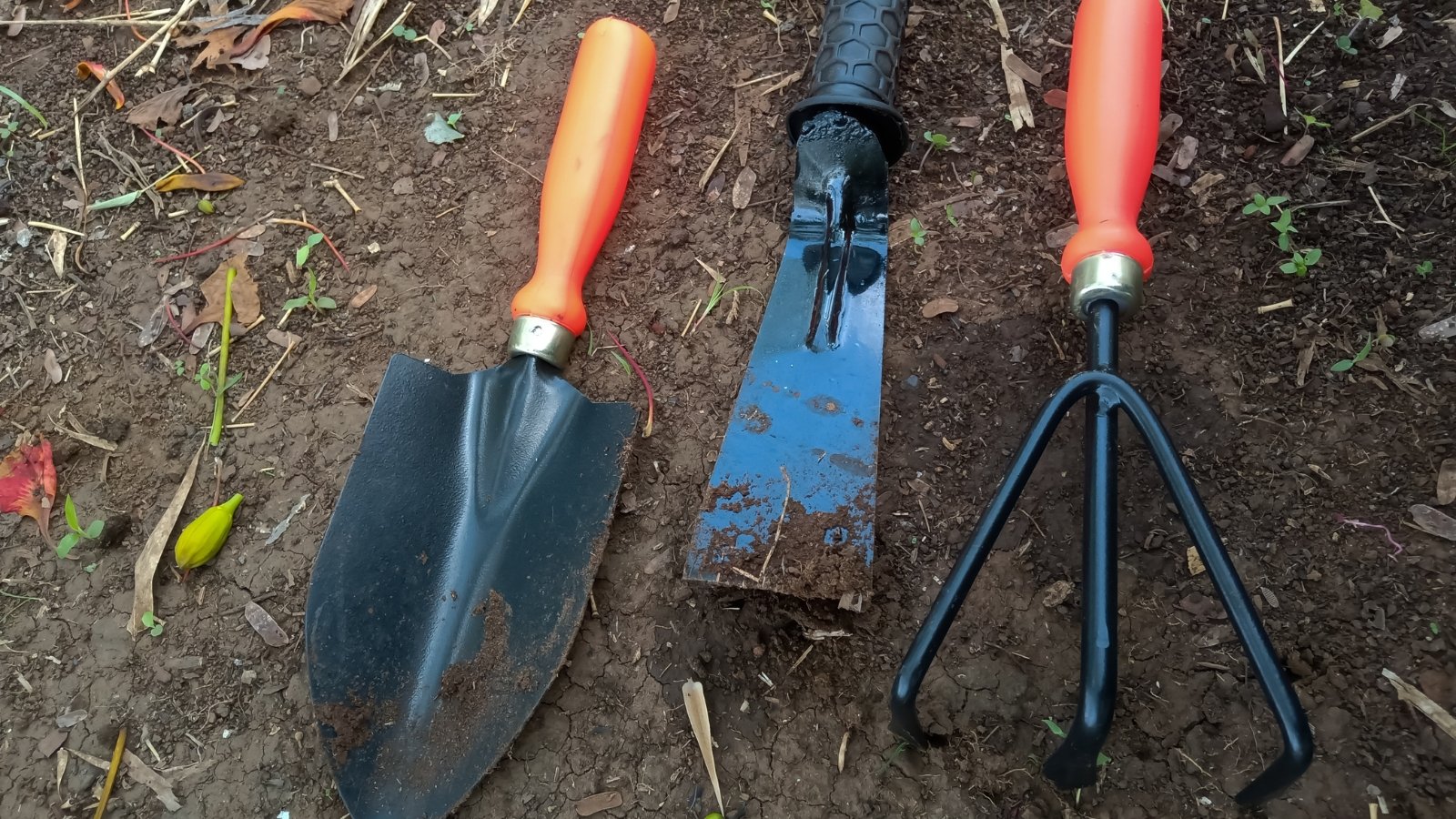 A set of small, handheld digging and cultivating implements lying on bare soil, each with dirt and mud residue on their metal parts, showcasing evidence of recent use.