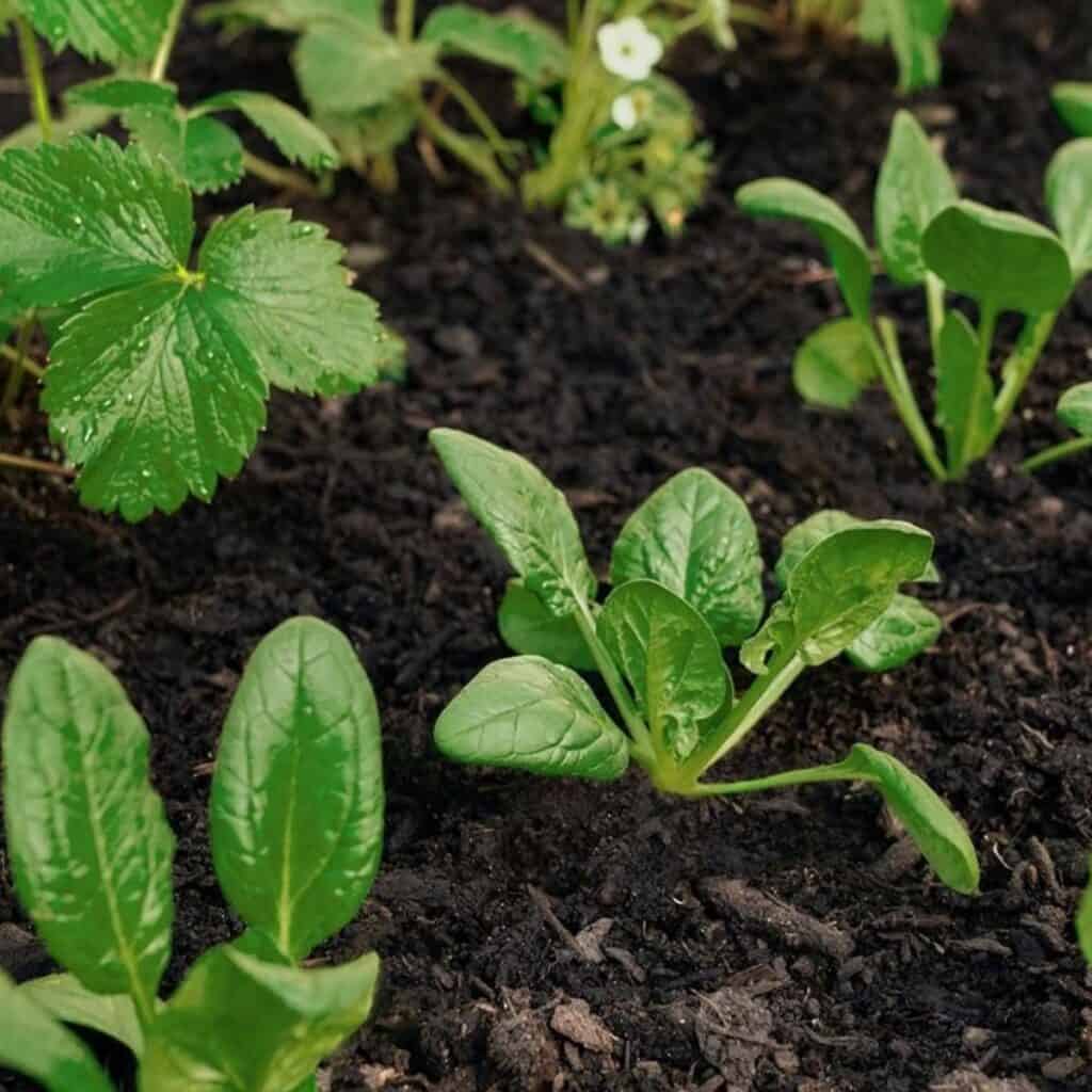 Young spinach plants in soil.