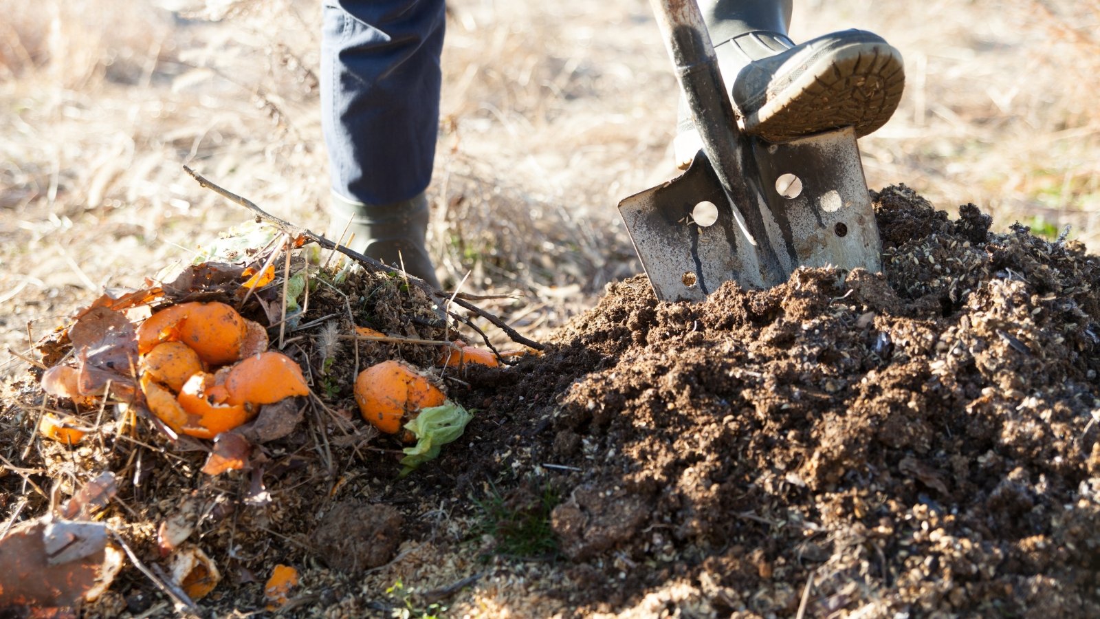 A man shoveling organic matter filled with vegetable peelings, surrounded by green plants and gardening equipment.