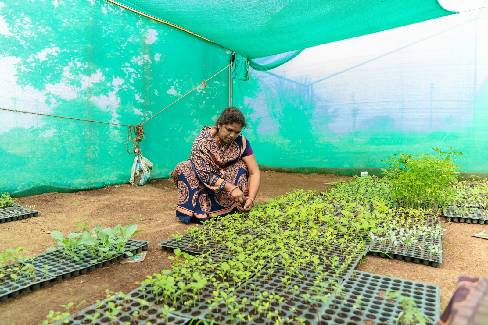 a woman kneeling down in front of a bunch of plants